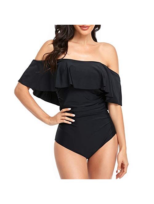 Smismivo Strapless Ruffle Off Shoulder One Piece Swimsuits for Women Vintage Modest Slimming Tummy Control Bathing Suit