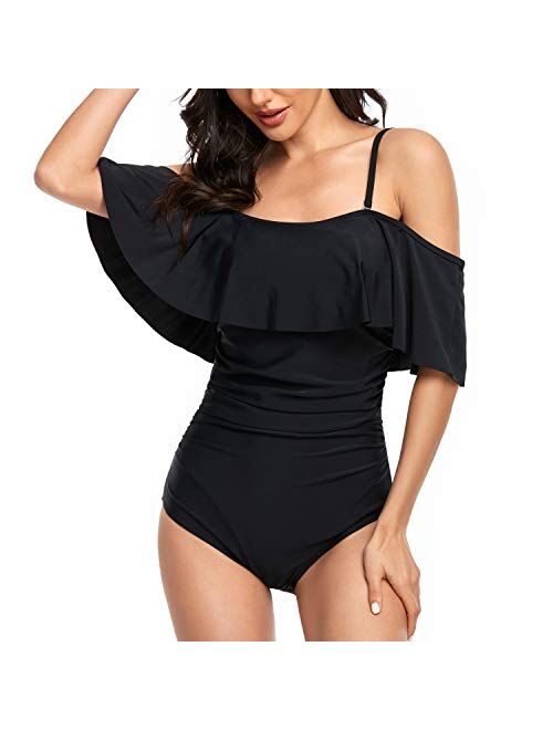 Smismivo Strapless Ruffle Off Shoulder One Piece Swimsuits for Women Vintage Modest Slimming Tummy Control Bathing Suit