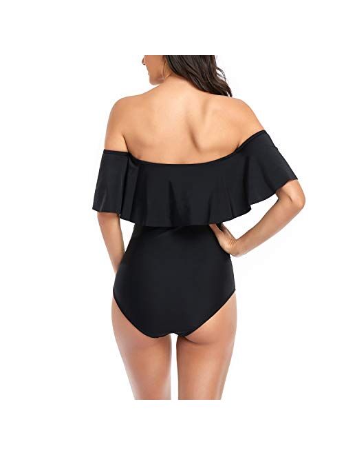 Smismivo Strapless Ruffle Off Shoulder One Piece Swimsuits for Women Vintage Modest Slimming Tummy Control Bathing Suit