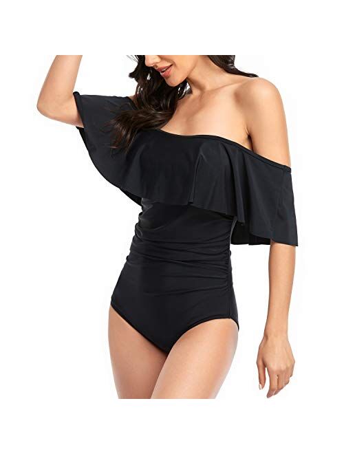 Smismivo Strapless Ruffle Off Shoulder One Piece Swimsuits for Women Vintage Modest Slimming Tummy Control Bathing Suit