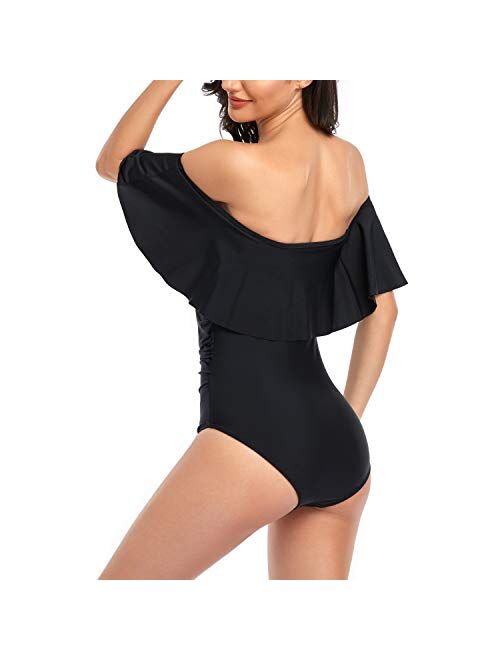 Smismivo Strapless Ruffle Off Shoulder One Piece Swimsuits for Women Vintage Modest Slimming Tummy Control Bathing Suit