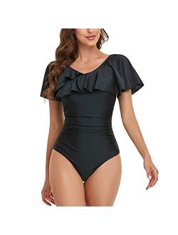 Smismivo Women's One Piece Modest Swimsuit Ruffle Slimming Vintage Swimwear Ruched Push Up Padded Bathing Suit