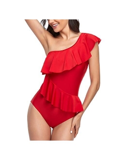 Smismivo One Piece Bathing Suit for Women with Ruffles One Shoulder Tummy Control Swimsuit Asymmetric Flounce Curvy Swimwear