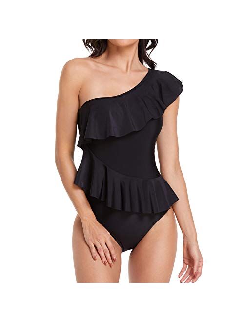 Smismivo One Piece Bathing Suit for Women with Ruffles One Shoulder Tummy Control Swimsuit Asymmetric Flounce Curvy Swimwear