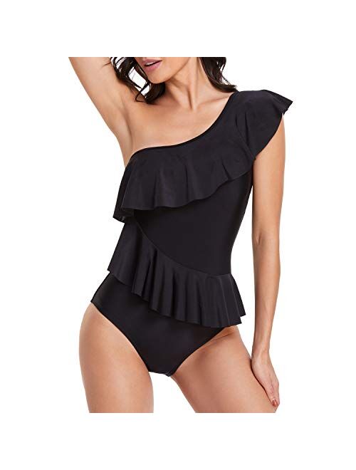 Smismivo One Piece Bathing Suit for Women with Ruffles One Shoulder Tummy Control Swimsuit Asymmetric Flounce Curvy Swimwear