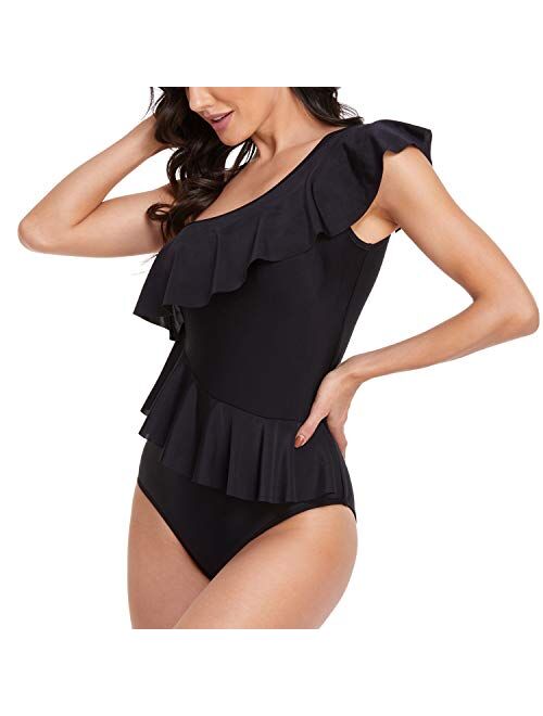 Smismivo One Piece Bathing Suit for Women with Ruffles One Shoulder Tummy Control Swimsuit Asymmetric Flounce Curvy Swimwear