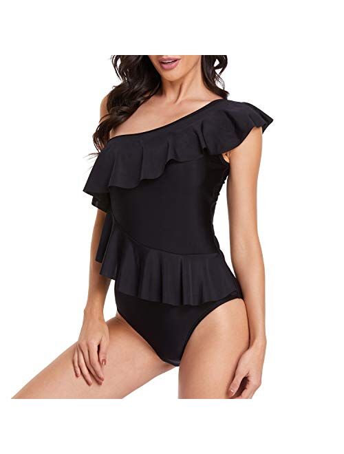 Smismivo One Piece Bathing Suit for Women with Ruffles One Shoulder Tummy Control Swimsuit Asymmetric Flounce Curvy Swimwear