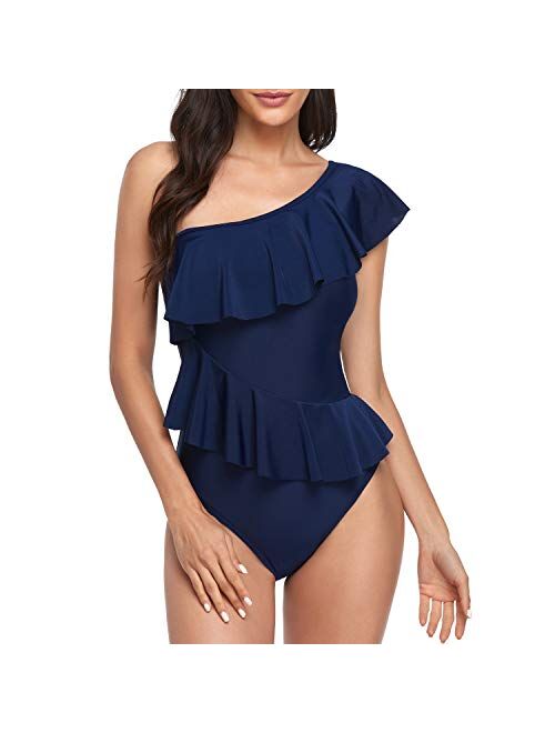 Smismivo One Piece Bathing Suit for Women with Ruffles One Shoulder Tummy Control Swimsuit Asymmetric Flounce Curvy Swimwear