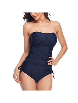 Smismivo Womens Tankini Bathing Suit Strapless Swimsuit Two Piece Tummy Control Top Swimwear with High Waisted Ruched Bottom