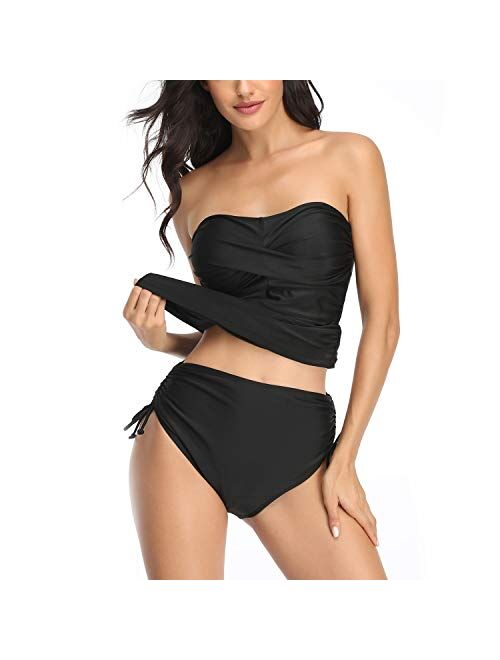 Smismivo Womens Tankini Bathing Suit Strapless Swimsuit Two Piece Tummy Control Top Swimwear with High Waisted Ruched Bottom