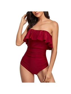 Smismivo Flounce Strapless Swimsuits for Women Bandeau Ruched Ruffle Bathing Suits One Piece Tummy Control Slimming Swimwear