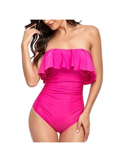 Smismivo Flounce Strapless Swimsuits for Women Bandeau Ruched Ruffle Bathing Suits One Piece Tummy Control Slimming Swimwear