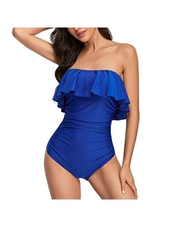 Smismivo Flounce Strapless Swimsuits for Women Bandeau Ruched Ruffle Bathing Suits One Piece Tummy Control Slimming Swimwear