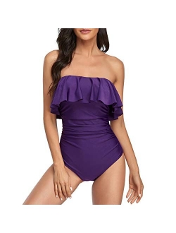 Smismivo Flounce Strapless Swimsuits for Women Bandeau Ruched Ruffle Bathing Suits One Piece Tummy Control Slimming Swimwear