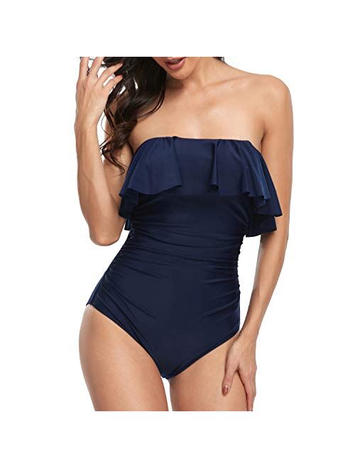 Smismivo Flounce Strapless Swimsuits for Women Bandeau Ruched Ruffle Bathing Suits One Piece Tummy Control Slimming Swimwear