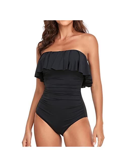 Smismivo Flounce Strapless Swimsuits for Women Bandeau Ruched Ruffle Bathing Suits One Piece Tummy Control Slimming Swimwear