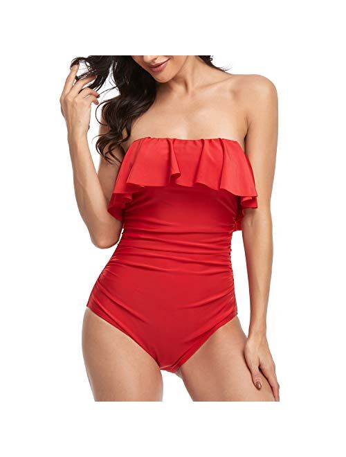 Smismivo Flounce Strapless Swimsuits for Women Bandeau Ruched Ruffle Bathing Suits One Piece Tummy Control Slimming Swimwear