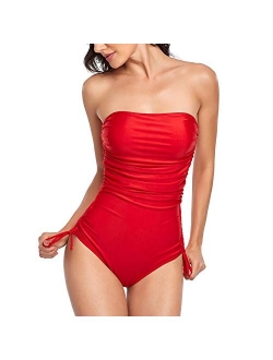 Smismivo Strapless Swimsuits for Women One Piece Tummy Control Ruched Bandeau Bathing Suit Padded Push Up Tube Top Swimwear