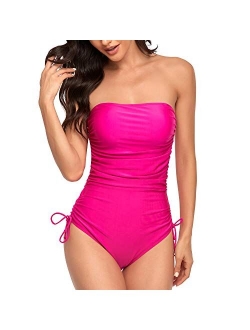 Smismivo Strapless Swimsuits for Women One Piece Tummy Control Ruched Bandeau Bathing Suit Padded Push Up Tube Top Swimwear