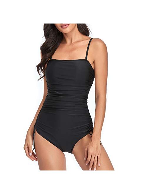 Smismivo Strapless Swimsuits for Women One Piece Tummy Control Ruched Bandeau Bathing Suit Padded Push Up Tube Top Swimwear