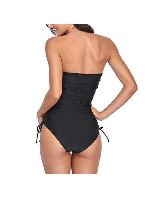 Smismivo Strapless Swimsuits for Women One Piece Tummy Control Ruched Bandeau Bathing Suit Padded Push Up Tube Top Swimwear