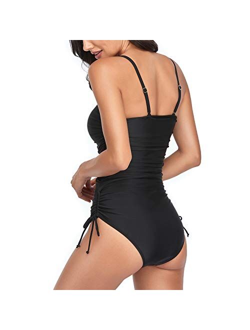 Smismivo Strapless Swimsuits for Women One Piece Tummy Control Ruched Bandeau Bathing Suit Padded Push Up Tube Top Swimwear