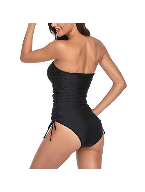 Smismivo Strapless Swimsuits for Women One Piece Tummy Control Ruched Bandeau Bathing Suit Padded Push Up Tube Top Swimwear