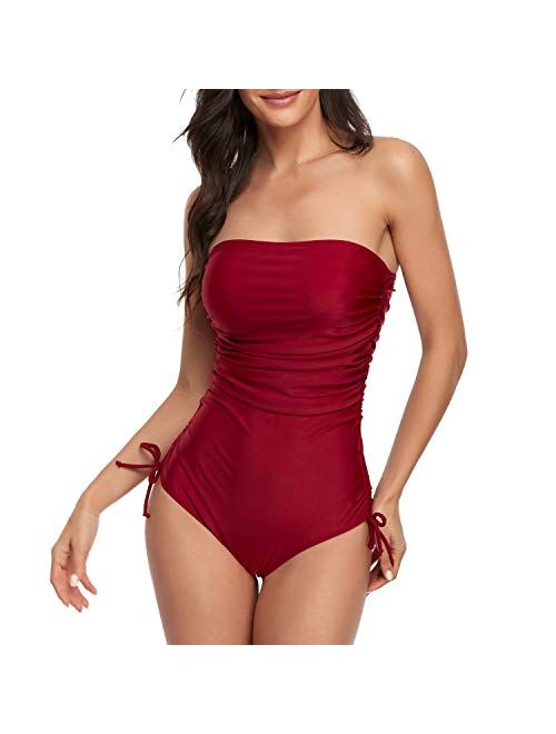 Smismivo Strapless Swimsuits for Women One Piece Tummy Control Ruched Bandeau Bathing Suit Padded Push Up Tube Top Swimwear