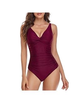 Smismivo Women's Tummy Control Swimsuit One Piece Slimming Ruched Push Up Bathing Suit Vintage Padded Retro V Neck Swimwear