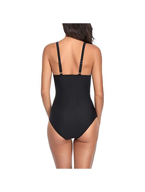 Smismivo Women's Tummy Control Swimsuit One Piece Slimming Ruched Push Up Bathing Suit Vintage Padded Retro V Neck Swimwear