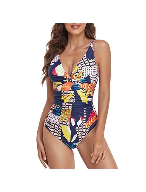 Smismivo Women's Tummy Control Swimsuit One Piece Slimming Ruched Push Up Bathing Suit Vintage Padded Retro V Neck Swimwear