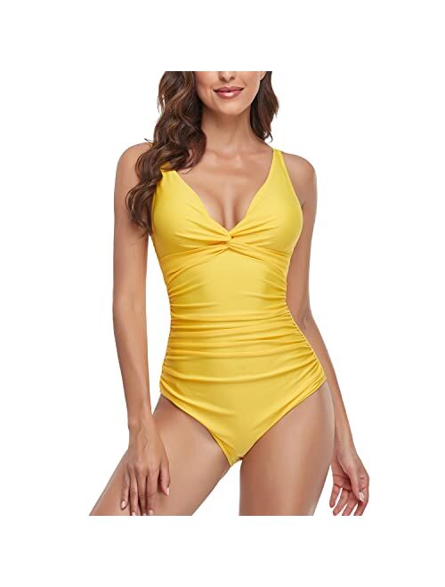 Smismivo Women's Tummy Control Swimsuit One Piece Slimming Ruched Push Up Bathing Suit Vintage Padded Retro V Neck Swimwear