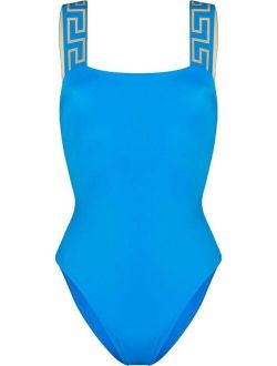 Greca-pattern scoop-back swimsuit