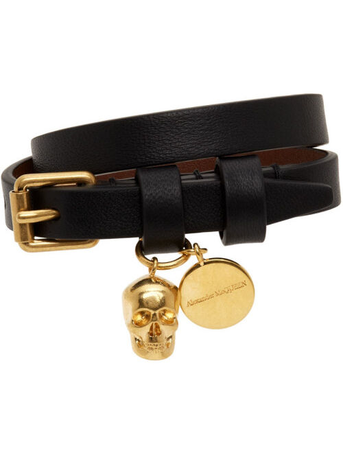 Alexander McQueen Black & Gold Double Wrap Skull Bracelet