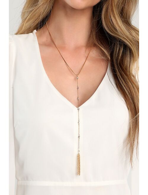 Lulus Fine Find Gold Rhinestone Tassel Lariat Necklace