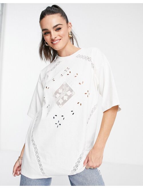 Topshop crochet detail oversized T-shirt in ecru