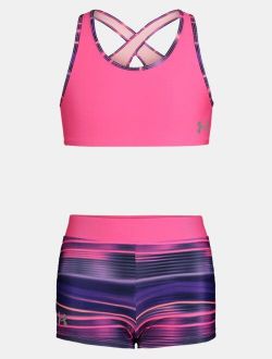 Girls' UA Beam Stripe Racerback Top & Boyshort 2-Piece Swim Set