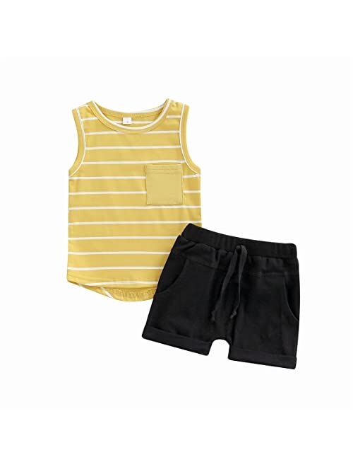 Xiqaalombvt Baby Boy Summer Clothes Striped Tank Tops Sleeveless T-Shirt and Solid Shorts Outfit Cute Infant Clothing