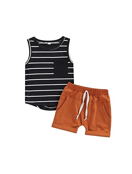 Xiqaalombvt Baby Boy Summer Clothes Striped Tank Tops Sleeveless T-Shirt and Solid Shorts Outfit Cute Infant Clothing