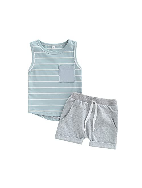 Xiqaalombvt Baby Boy Summer Clothes Striped Tank Tops Sleeveless T-Shirt and Solid Shorts Outfit Cute Infant Clothing