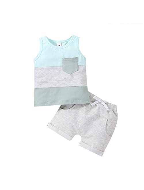 Xiqaalombvt Baby Boy Summer Clothes Striped Tank Tops Sleeveless T-Shirt and Solid Shorts Outfit Cute Infant Clothing