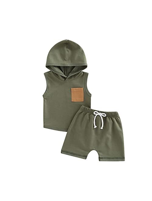 Bemeyourbbs Baby Boy Summer Outfit Hooded Tank Top with Pocket and Elastic Waist Shorts Set Infant Boy Clothes