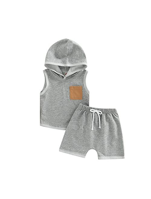 Bemeyourbbs Baby Boy Summer Outfit Hooded Tank Top with Pocket and Elastic Waist Shorts Set Infant Boy Clothes