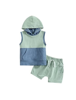 Hoanselay Toddler Infant Baby Boy Summer Shorts Set Sleeveless Striped Tank Tops T Shirt and Solid Shorts Outfit Clothes