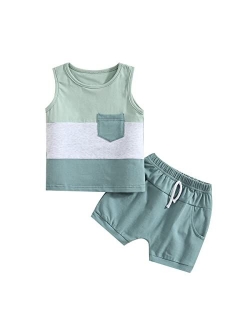 Hoanselay Toddler Infant Baby Boy Summer Shorts Set Sleeveless Striped Tank Tops T Shirt and Solid Shorts Outfit Clothes