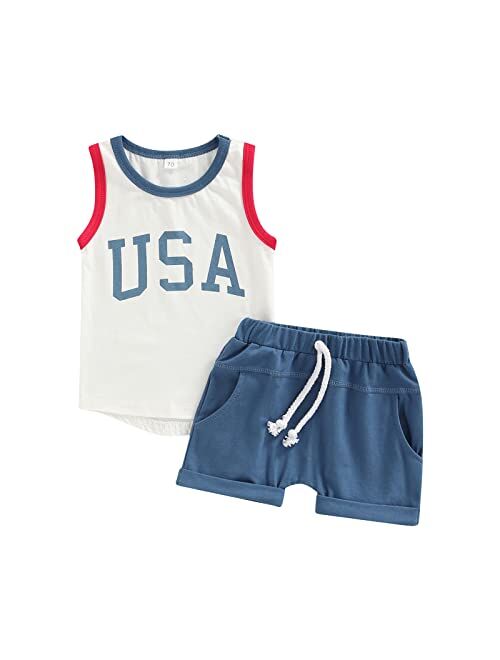 Hoanselay Toddler Infant Baby Boy Summer Shorts Set Sleeveless Striped Tank Tops T Shirt and Solid Shorts Outfit Clothes