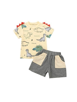 Ledy Champswiin Toddler Boy Clothes Unisex Baby Summer Outfit Dinosaur Letter Print Cotton Tops+Grey Elastic Shorts 2pcs