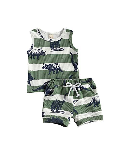 Ledy Champswiin Toddler Boy Clothes Unisex Baby Summer Outfit Dinosaur Letter Print Cotton Tops+Grey Elastic Shorts 2pcs