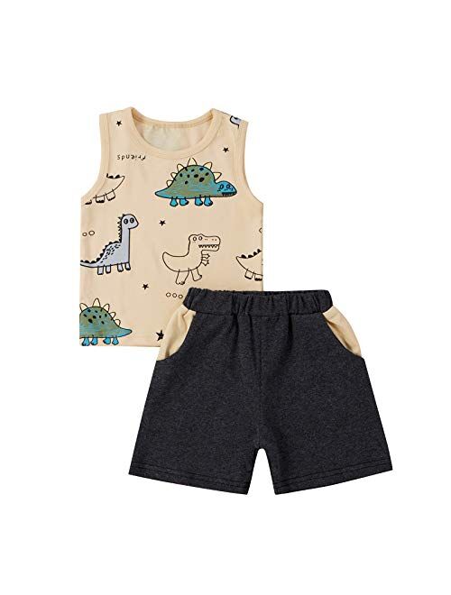 Ledy Champswiin Toddler Boy Clothes Unisex Baby Summer Outfit Dinosaur Letter Print Cotton Tops+Grey Elastic Shorts 2pcs