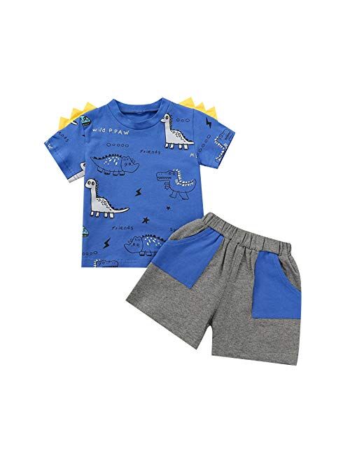 Ledy Champswiin Toddler Boy Clothes Unisex Baby Summer Outfit Dinosaur Letter Print Cotton Tops+Grey Elastic Shorts 2pcs